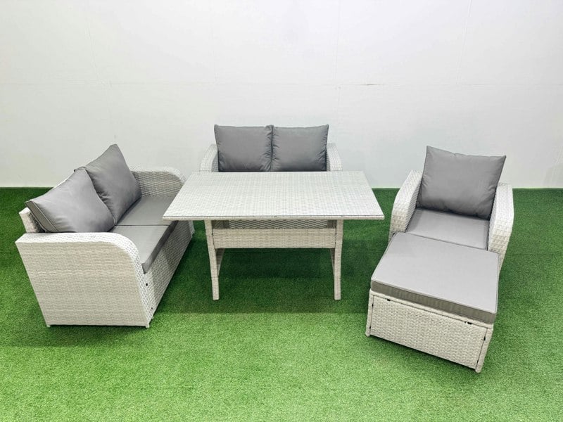 Fimous High Back Poly Rattan Garden Furniture Set - Light Grey Indoor/Outdoor Patio Set with Reclining Chair & Rectangular Dining Table