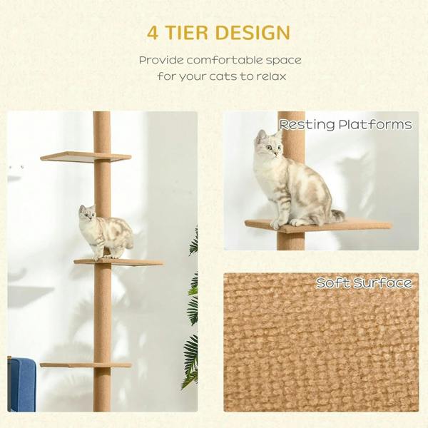 Brown cat tree featuring four tier design with cushioned resting platforms