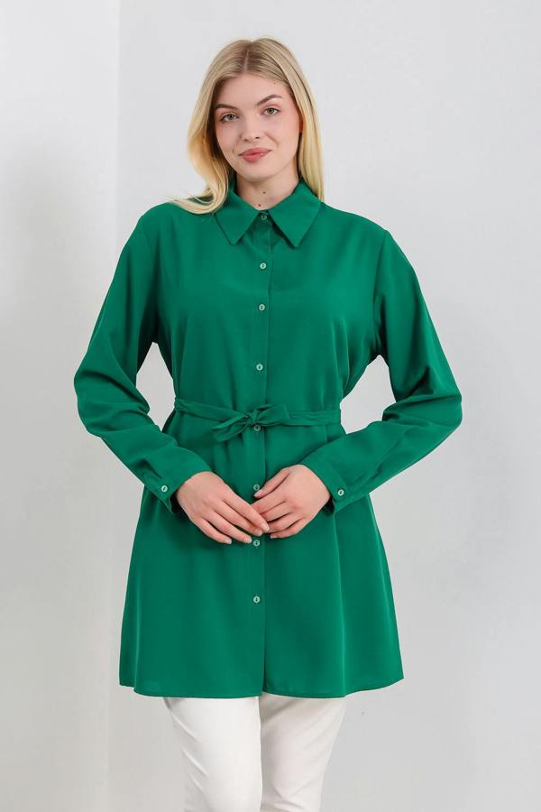 Hoxton Gal Oversized Tie Detailed Shirt Tunic with Long Sleeves in Green