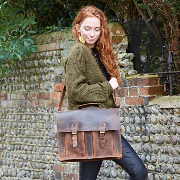 Paper High Brown Buffalo Leather Satchel Style Briefcase