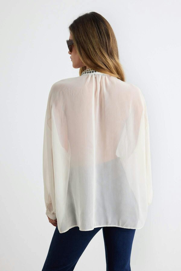 WOVCOR V Neck Drop Shoulder Embellished Crepe Blouse