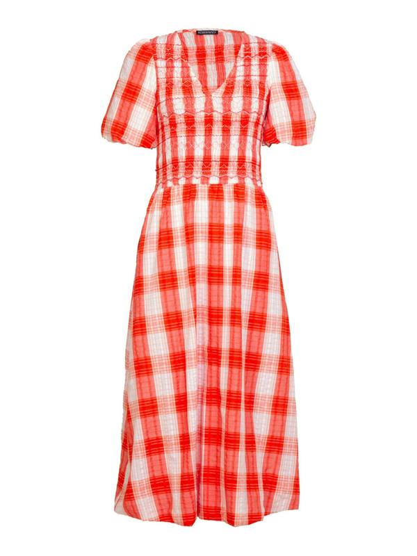 Rose & Nancy Nella Coral White Check Smock Midi Dress With Embroidery