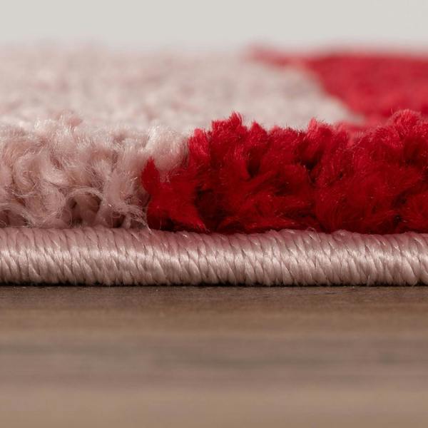 Close-up of a red and beige textured rug on a wooden floor.