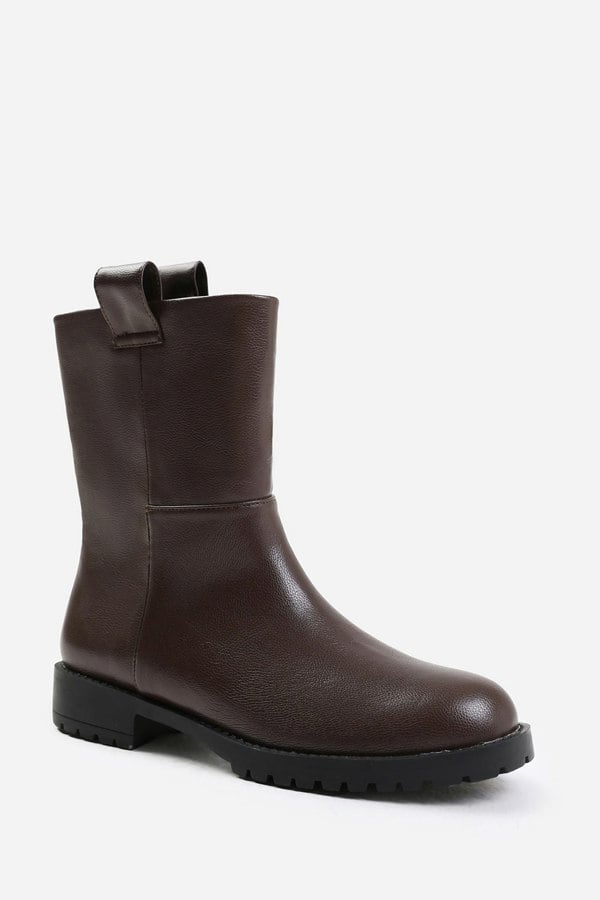 Where's That From Delta Mid Calf Boot With Stitching Detail in Dark Brown Grain Faux Leather