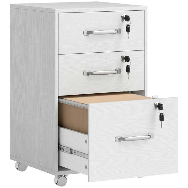White wood-effect filing cabinet with three drawers, top two closed, one open