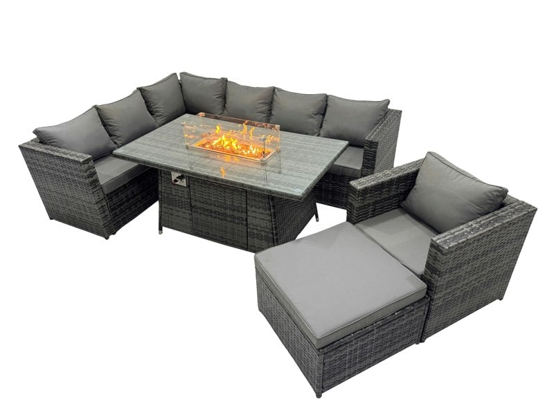 Fimous Rattan Garden Furniture Dining Set 8 seater Gas Fire Pit Dining Table Corner Sofa Set with Big Stool Dark Grey Mixed
