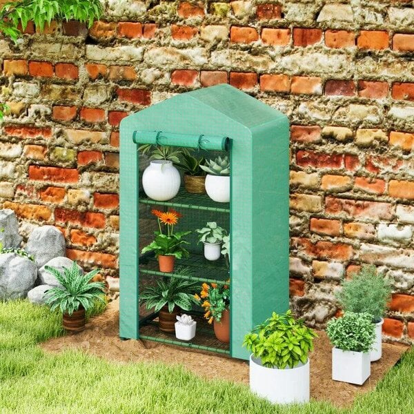 Bobobiy 3 Tier Mini Greenhouse Portable Garden Grow House with Roll Up Door and Wire Shelves, 69 x 49 x 125 cm, Green