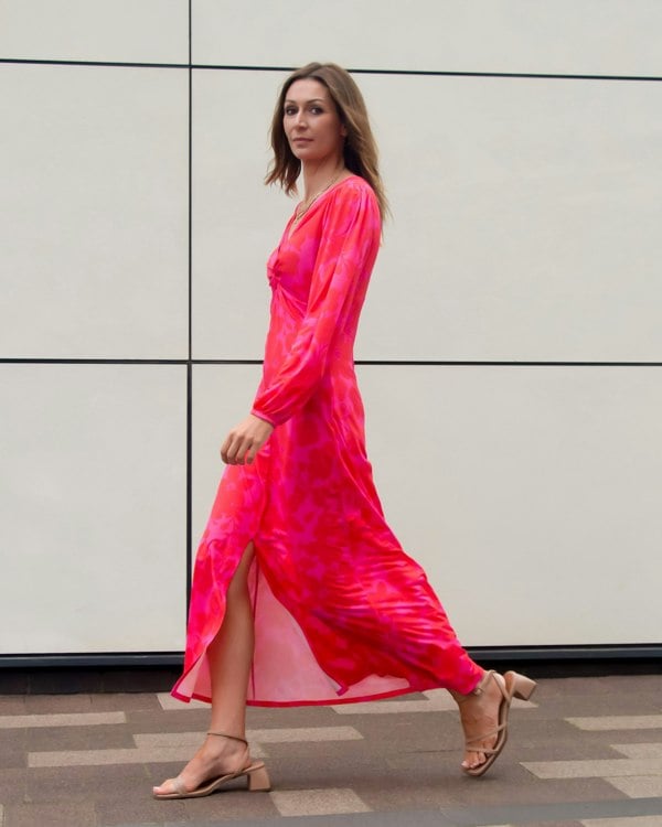 Antonia York Twisted Front Dress - Wanda Soft Jersey Maxi Dress in a Red Pink Floral Print