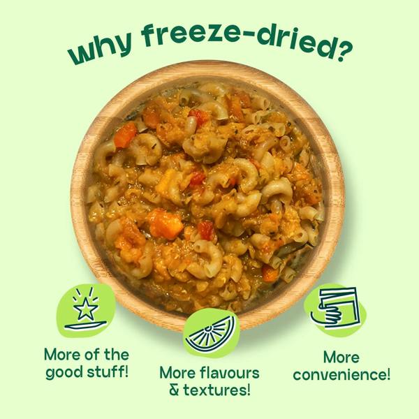 bowl of more toddler meals five veg macaroni outlining benefits of freeze drying