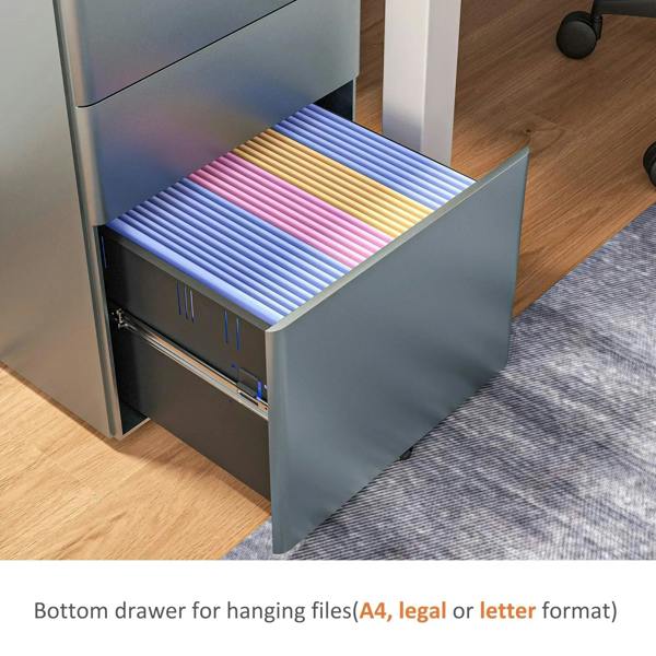 Grey 3-drawer filing cabinet with bottom drawer open for hanging A4, legal, or letter files