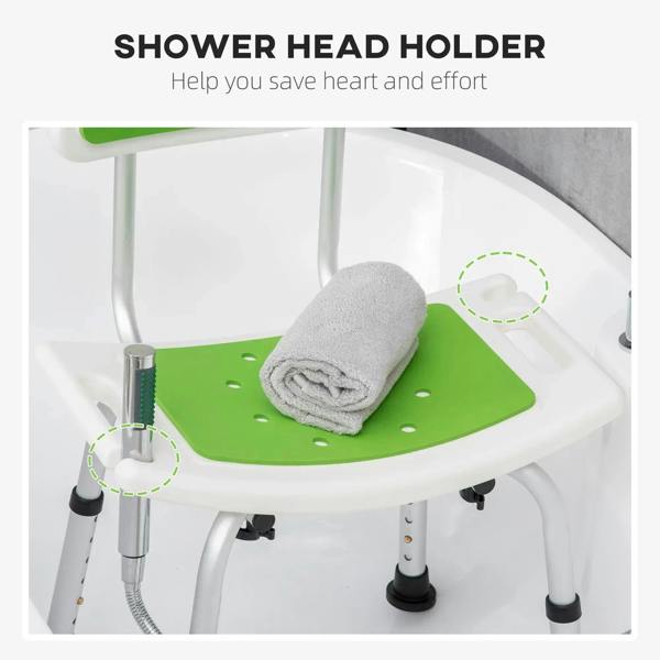 Green shower stool with perforated seat, shower head holder, and folded towel on pad.