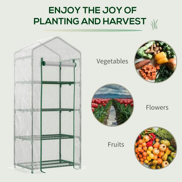Mini greenhouse with white PE cover and green steel frame, four-tier plant storage