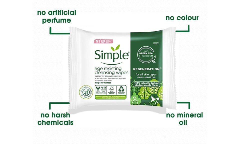 Simple Regeneration Age Resisting Cleansing Wipes with Green Tea Goodness