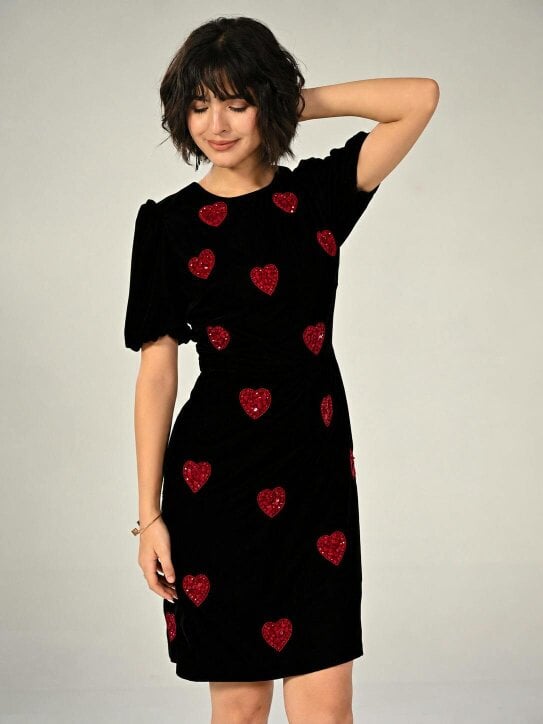 Rose & Nancy Rosheen Black Velevt Hand Embellished Heart Mini Dress