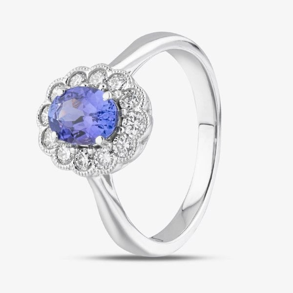 T. H. Baker 18ct White Gold Oval Cut Tanzanite & Brilliant Cut Diamond Halo Ring R54010W-TZ M