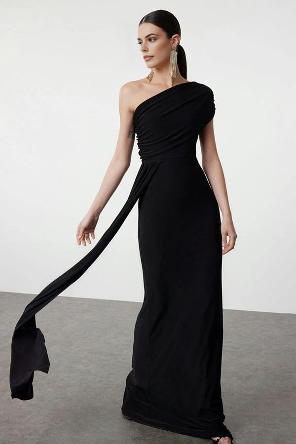 WOVCOR Maxi Evening Dress with Asymmetrical Collar