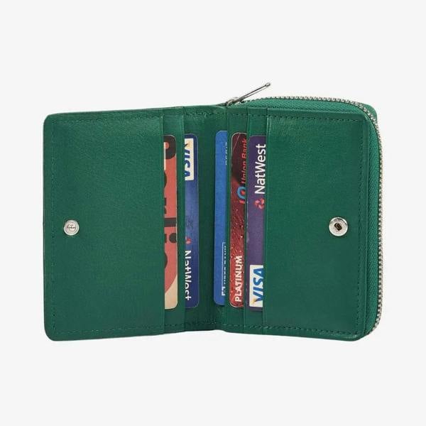 Green real leather card holder with seven card slots