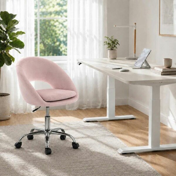 Velvet Desk Chair, Modern Office Chair with Height-Adjustable, Wheels, for Home Study Bedroom, Pink
