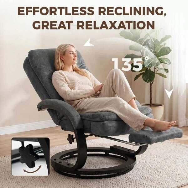 Swivel Recliner Chair, Velvet Recliner Armchair with Retractable Footrest, Dual-Layer Cushion, High Back, Dark Grey