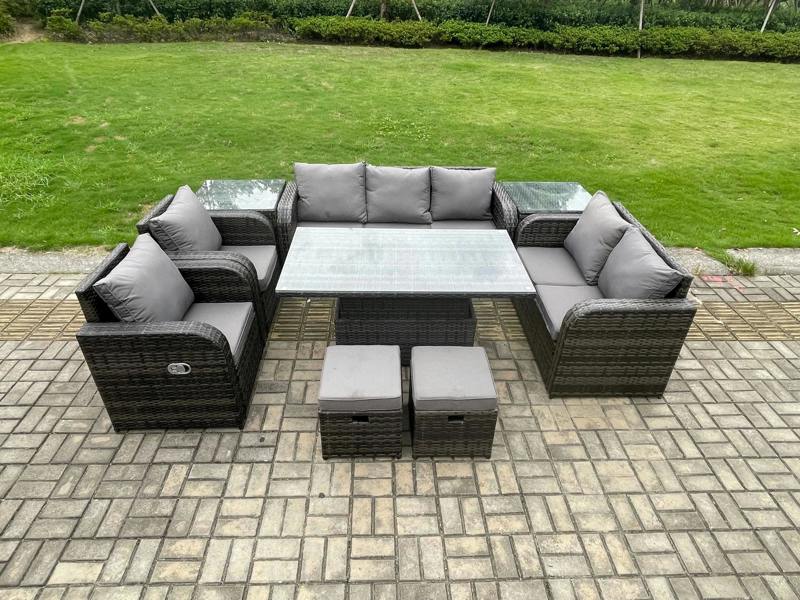 Fimous Wicker PE Rattan Garden Furniture Patio Set, Adjustable Height Dining Table, Reclining Chair Sofa, 2 Side Tables, 2 Small Footstools, Dark Grey