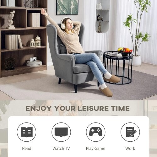 Wyld Haus Harire Grey Velvet Wingback Accent Chair With High Back Pillow And Wooden Legs
