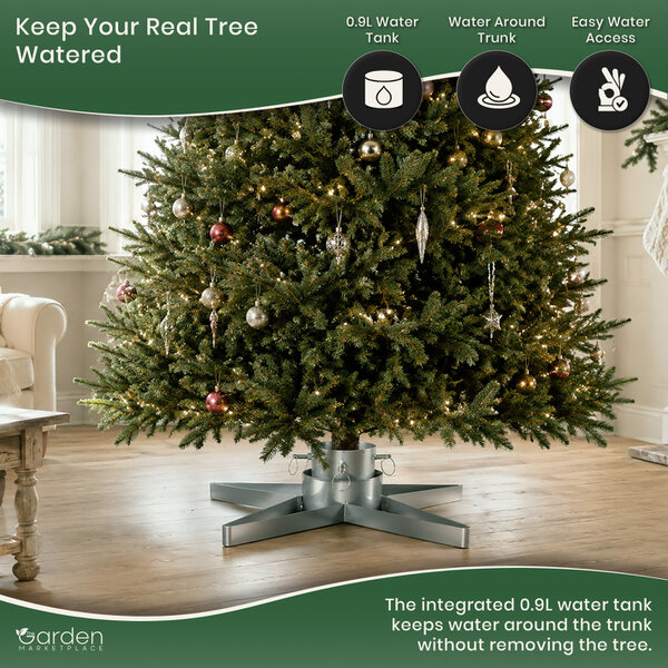 Star-Shaped Silver Christmas Tree Stand with Water Tank, Fits Real Trees up to 2.5m, 3 Screw Clamps for 35-85mm Trunks