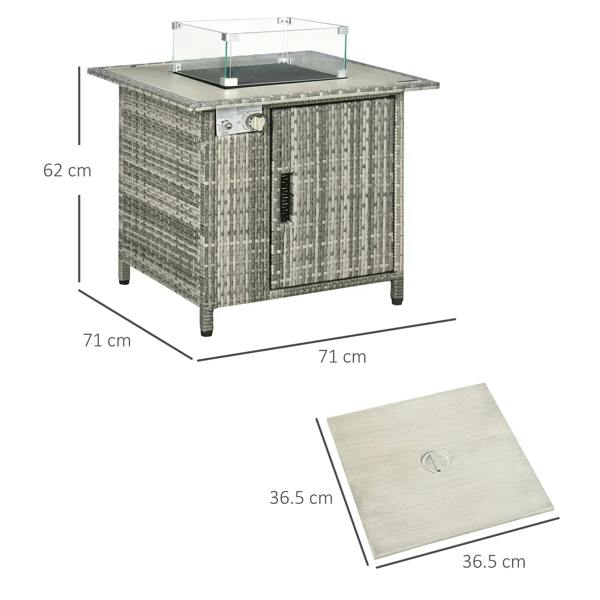 Grey square gas fire pit table with glass windscreen and side door