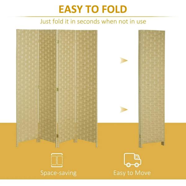 Brown folding privacy screen divider shown folded for storage, 4 woven panels