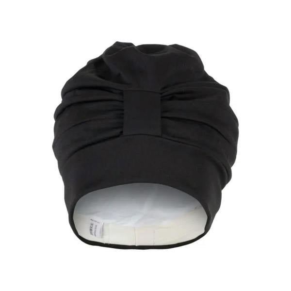 Black satin Fashy draped fabric swim cap with bow and elastic