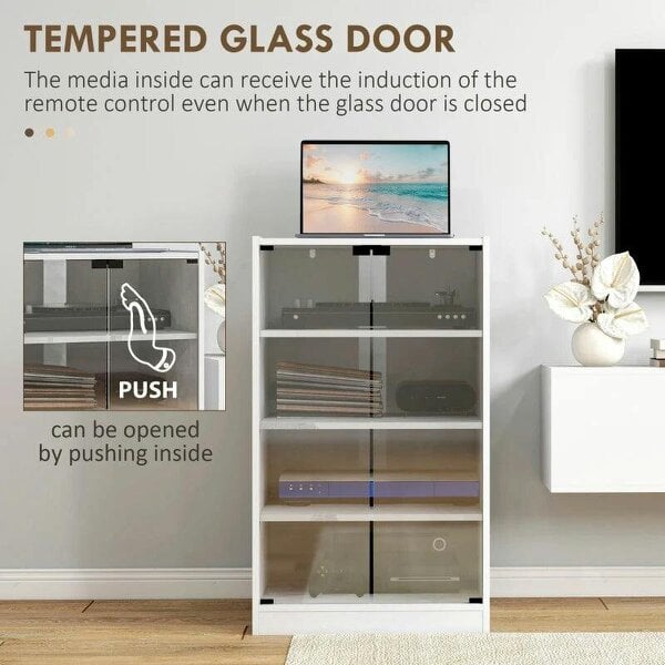 Bobobiy 4-Tier Hi-Fi Stand, Record Player Stand with Adjustable Shelves and Push-to-Open Glass Doors, White Wood-Effect