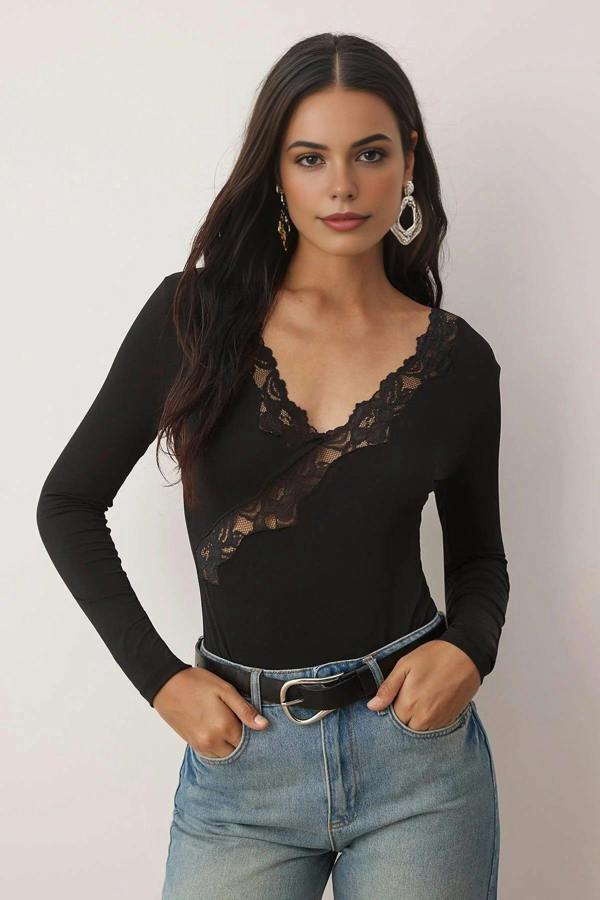 WOVCOR Lace Detail V-Neck Knit Bodysuit