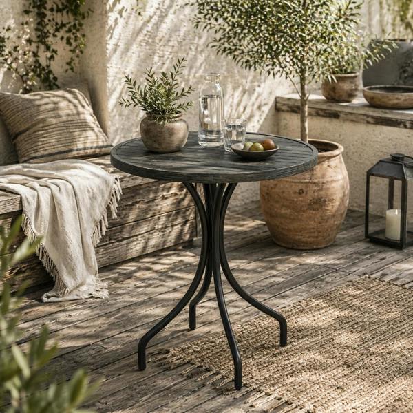 Wyld Haus Nari Galvanised Steel Grey Round Garden Table Slatted Design