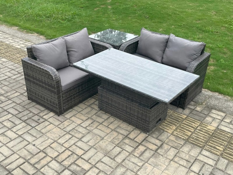 Fimous Outdoor Rattan Furniture Garden Dining Set Height Adjustable Rising lifting Table Love Sofa Set With Side Table Dark Grey Mixed