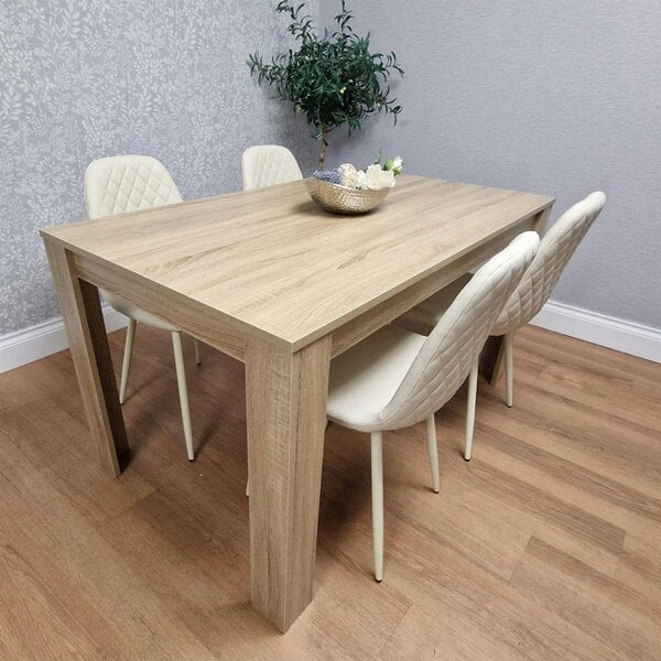 Kosy Koala Oak Effect Wood Dining Table with 4 Cream Gem Pattern Faux Leather Chairs