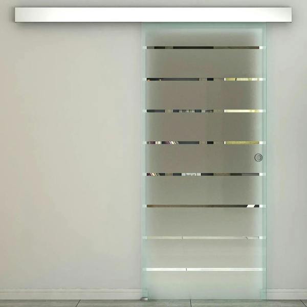 Frosted tempered glass sliding door panel with stripe pattern and top rail