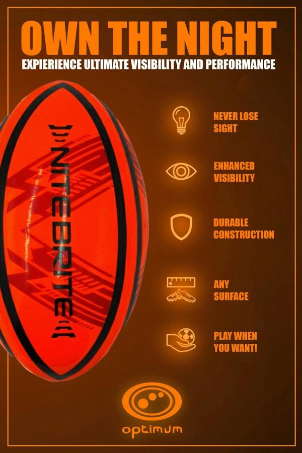 LED Glow Rugby Ball Size 5 – Motion Activated with Auto-Off – Durable Water-Resistant Night Play - Optimum