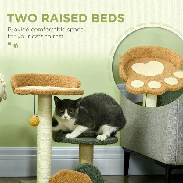 Small cat tree showing two raised beds: beige top bed and dark green lower bed with toy ball