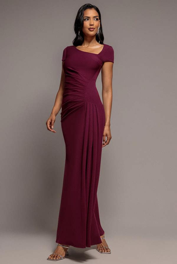 Cap Sleeve Pleated Asymmetric Maxi Dress - Plum DR5115