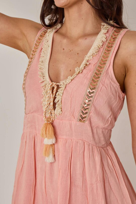 Elaina Fashion Boho Tiered Tassel Detail Dress - Pink