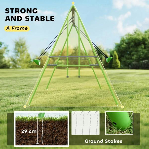 Green A-frame outdoor swing set with two blue rope swings and ground stake anchors