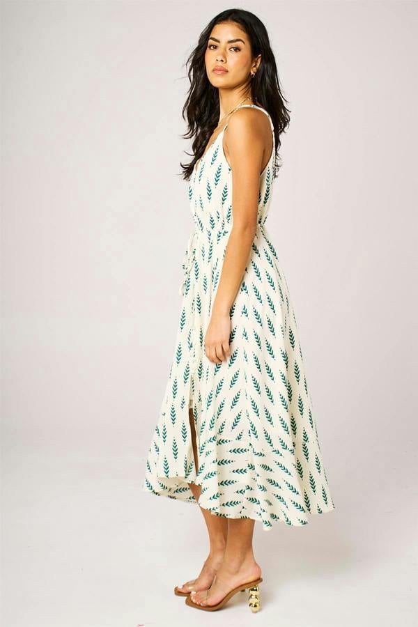 FS Collection Green Leaf Print Button Down High Low Strappy Dress In White