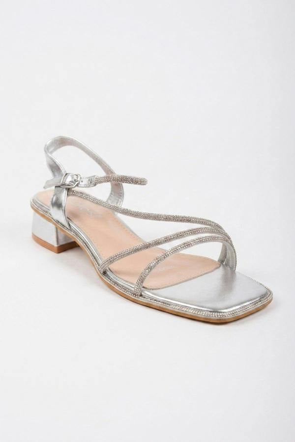 Pearl Rhinestone Embellished Strappy Low Sandals - Silver