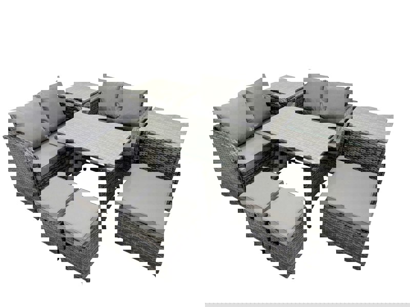 Fimous 7 Seater Garden Outdoor Rattan Furniture Set Rattan Sofa Oblong Dining Table with 2 Side Tables Dark Grey