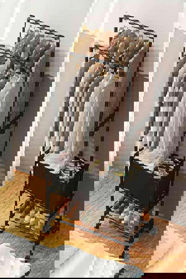 Living and Home 2 Rod Multi-Functional Clothes Rack Garment Rack with Laundry Basket Bedroom Coat Holder