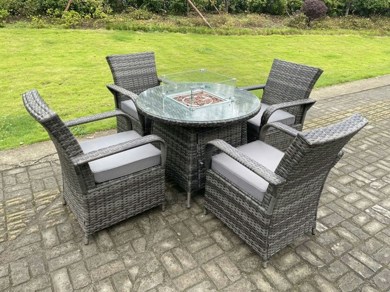 Fimous Rattan Garden Furniture Gas Fire Pit Rectangle Round Dining Table And Dining Chairs 4 Seater + Round Table
