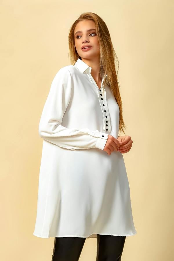 Hoxton Gal Tunic Shirt with Button Details in White