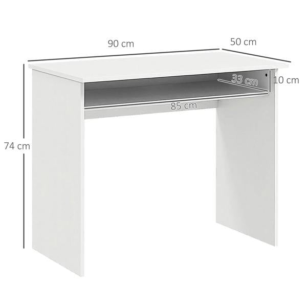 White wood-grain desk with open storage shelf and side panels, with measurements