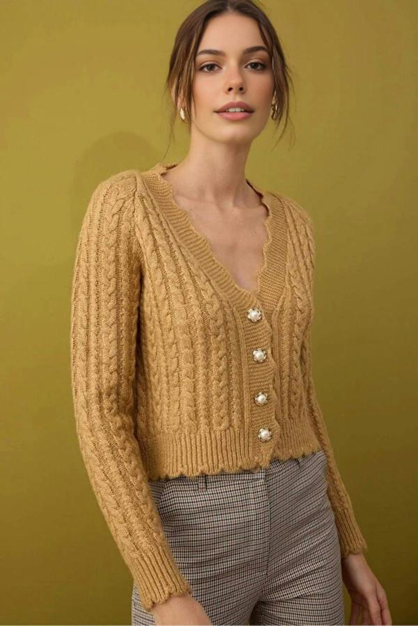 WOVCOR Soft Textured Crop Knit Cardigan with Pearl Button Details