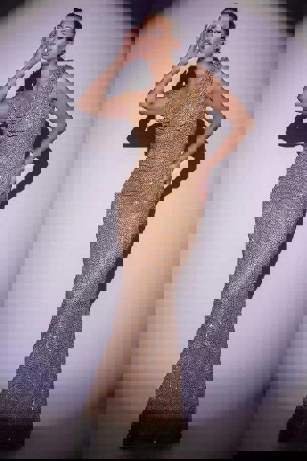 Sequin Cowl One Shoulder Maxi Dress - Gold DR4020