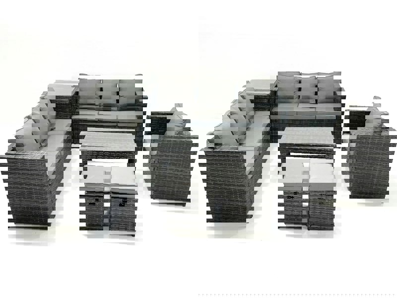 Fimous Rattan Garden Furniture Set Outdoor 9 Seater Patio Conversation Sets with Glass Top Coffee Table Stool Side Table